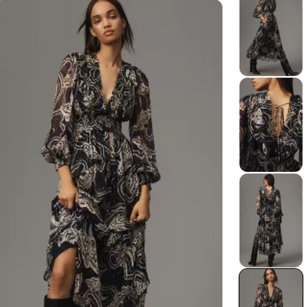 Anthropologie Printer Johnson Printed Dress Size Large Navy